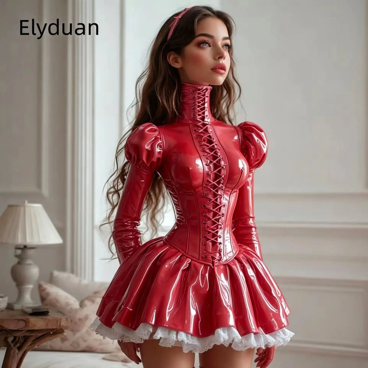 Black Glossy PVC Corset Mini Prom Dress High Neck Front Lace‑Up Puff Long Sleeve Cosplay Party Gown Masquerade Dress Customized