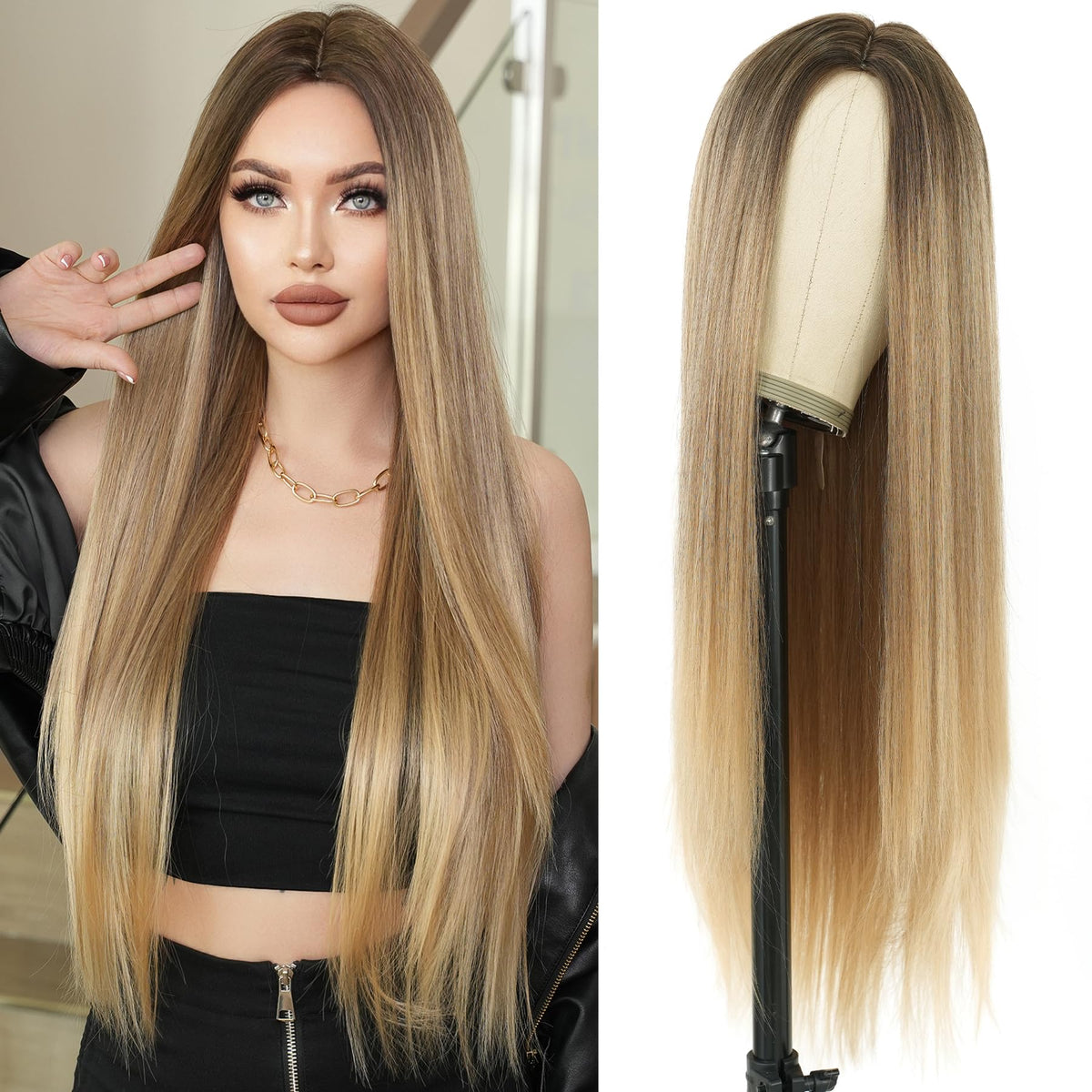 7JHH WIGS Long Blonde Ombre Natural Heat Resistant Fiber Synthetic