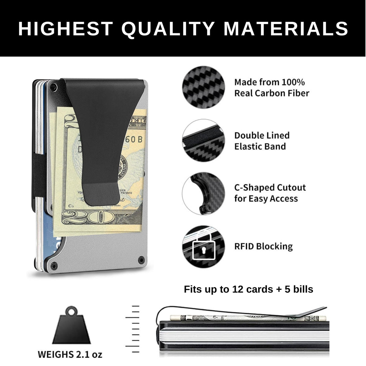 Carbon Fiber Minimalist RFID Wallet with Money Clip