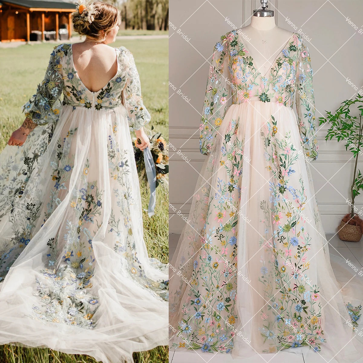 Plus Size Long Bishop Sleeves Green Wedding Dresses Backless Embroidered Blossom Customized Brush Train V Neck Bridal Gowns