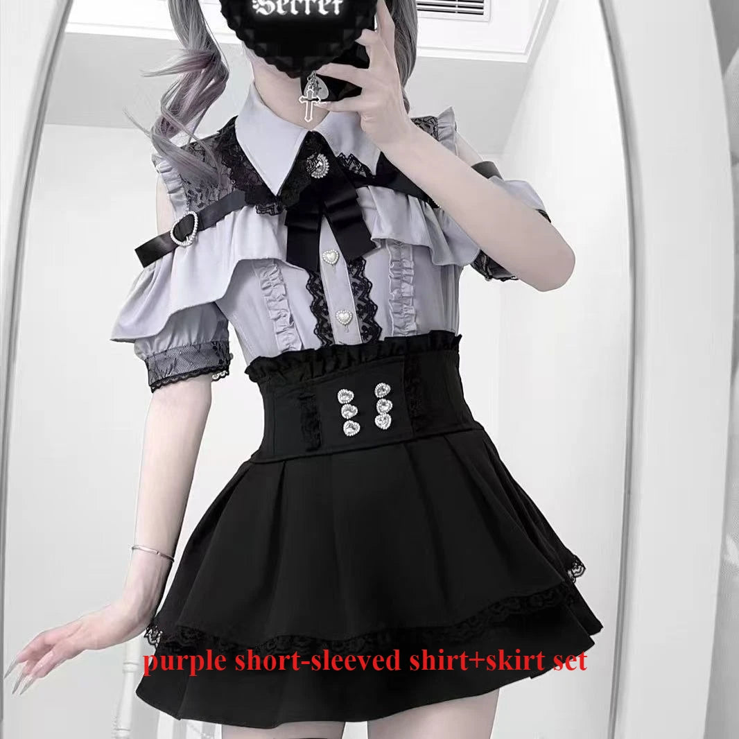 Dark Sweet Heart Ground Type Lolita Set, Ruffle Sleeve Top & A-line Skirt, Cute Kawaii Japanese Style Gothic Coord Outfit S-XL