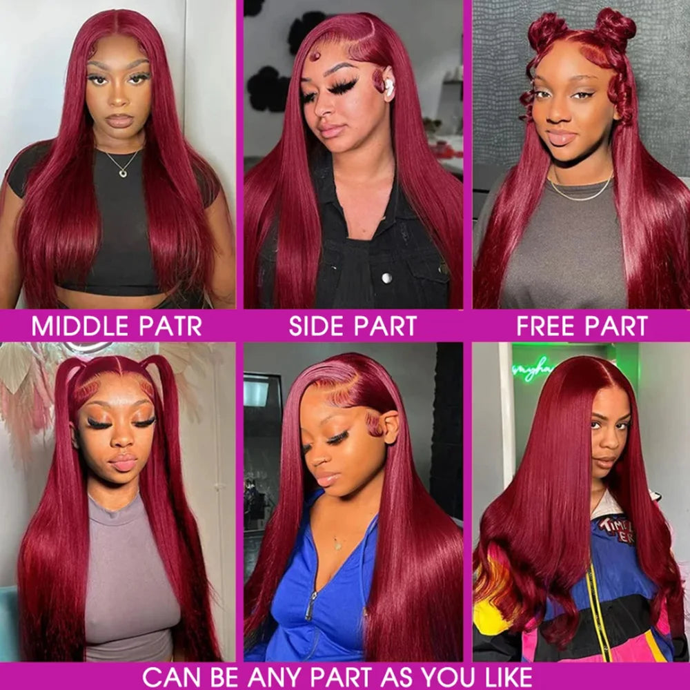 99J Burgundy Silky Straight Human Hair Lace Front Wig 46 Inch 13x6 Lace Frontal Wig 200 Density Pre Plucked Natural Hairline With Baby Hair Wigs For Women