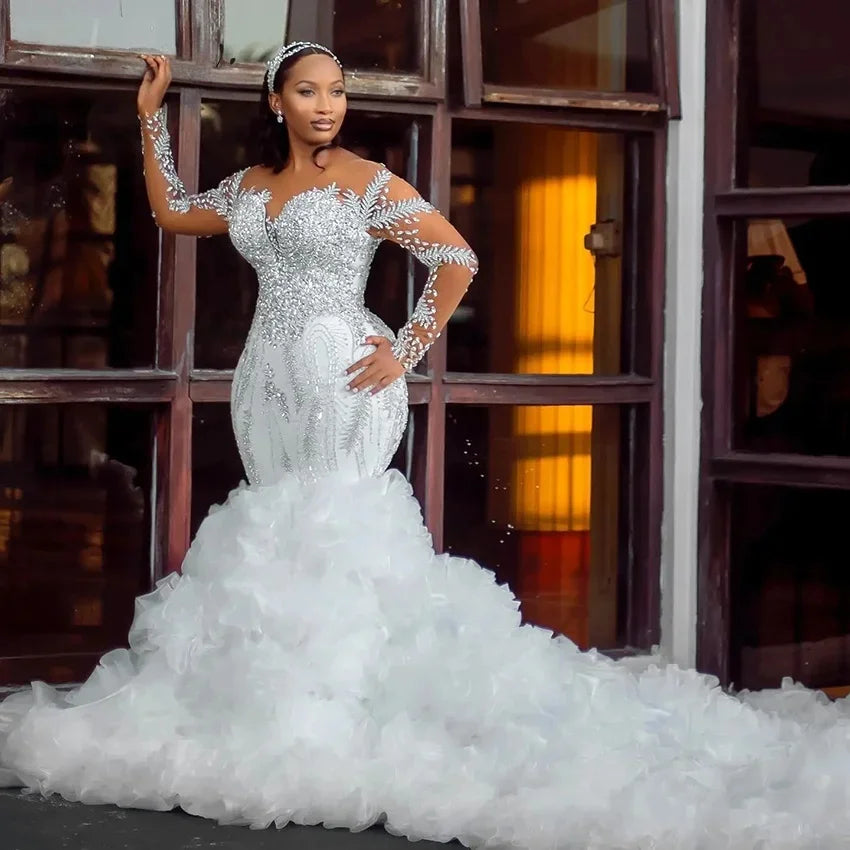 Customized African Elegant Ruffled Mermaid Wedding Dress 2025 New Thick Crystal Beaded Dream Sleeve High Quality Wedding Dress