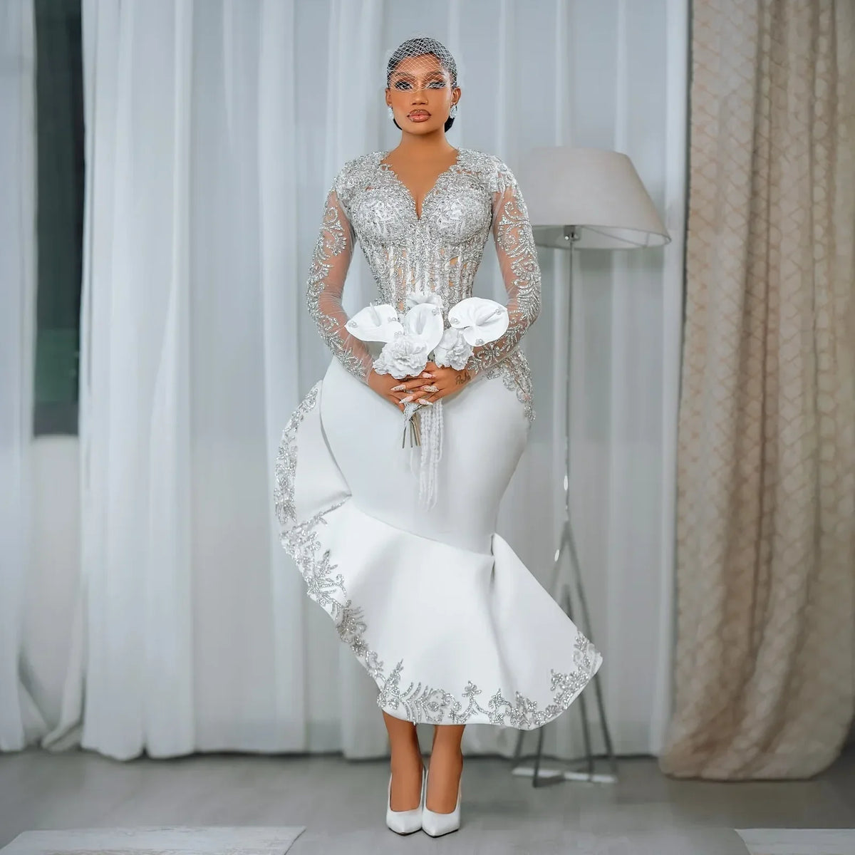 Customized African Long Sleeve Bride Dress Lace Beaded Mermaid