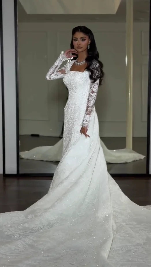 Elegant Mermaid Wedding Dresses Square Neck Puff Long Lace Sleeves Beaded Sequins Lace Bridal Dress Vestidos De Novia Customized