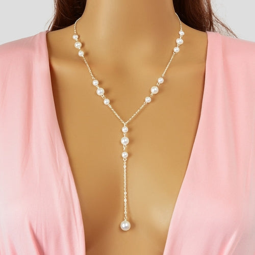 Pearl Decoration Long Gold Chain Y Shape Pendant Clavicle Necklace