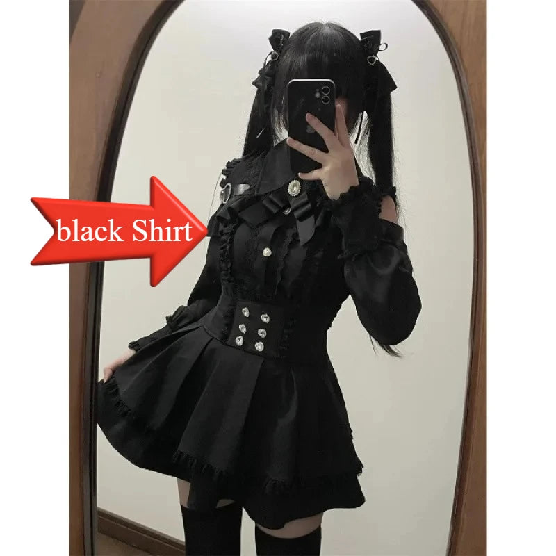 Dark Sweet Heart Ground Type Lolita Set, Ruffle Sleeve Top & A-line Skirt, Cute Kawaii Japanese Style Gothic Coord Outfit S-XL
