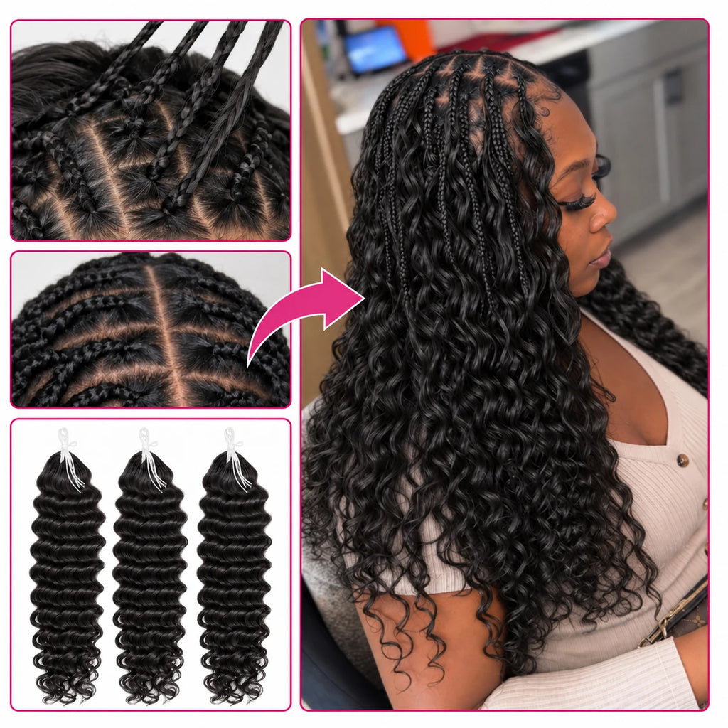 Natural Black Color Water Wave Deep Wave Feather Crochet Human Hair Extensions Miracle Knots Knotless Pre Separated Boho Braiding Hair Soft Natural Curls Lightweight Reusable Protective Style For Women