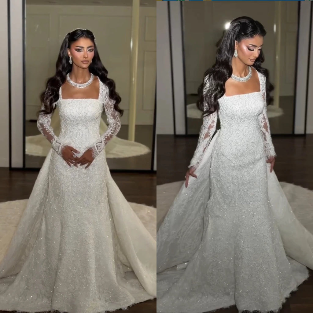 Elegant Mermaid Wedding Dresses Square Neck Puff Long Lace Sleeves Beaded Sequins Lace Bridal Dress Vestidos De Novia Customized
