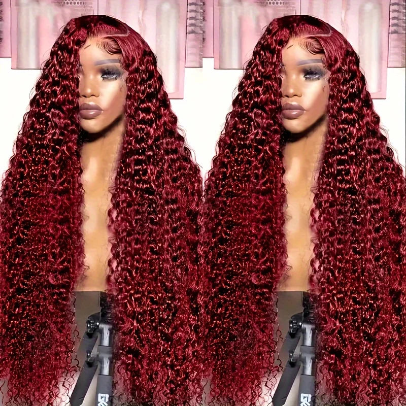 13x6 HD Transparent Lace 200 Density 13x4 Full Frontal Lace 99j Burgundy Preplucked Colored Deep Wave Frontal Human Hair Wig