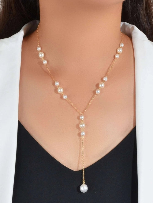 Pearl Decoration Long Gold Chain Y Shape Pendant Clavicle Necklace