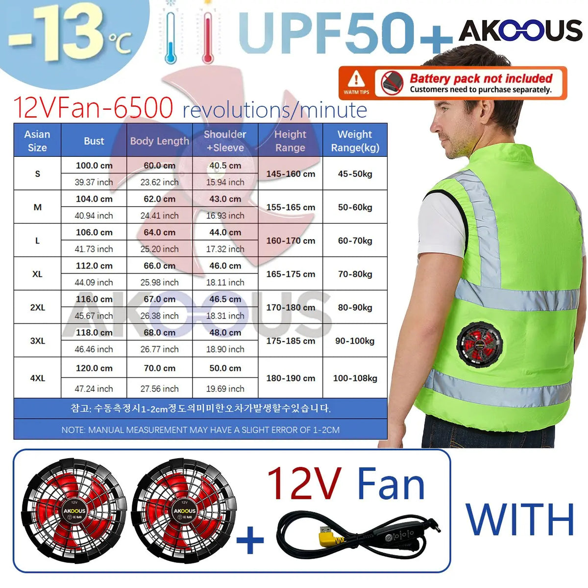 AKOOUS 6500 RPM 12V/5V USB 3-Fans Cooling Vest Air Conditioned Clothes Men Women Outdoor Work Fishing Body Cooling Jacket