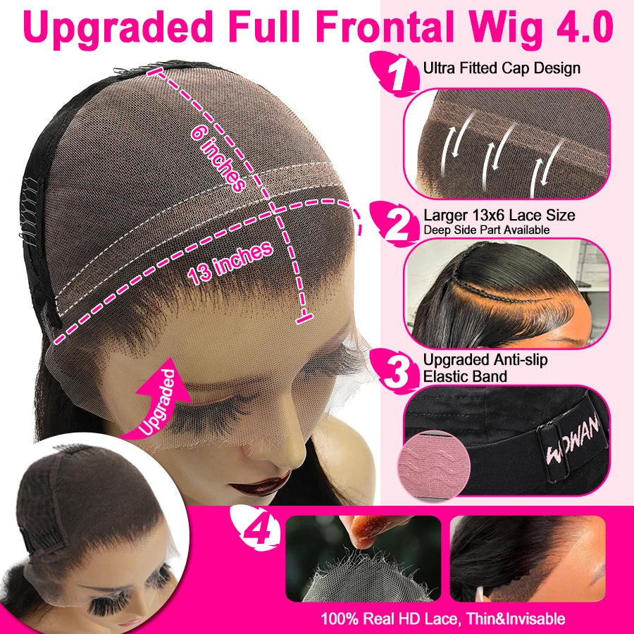 WOWANGEL Jet Black Body Wave Lace Front Human Hair Wig 250% Brazilian Virgin 13x6 HD Lace Full Frontal Wig Pre Plucked For Women