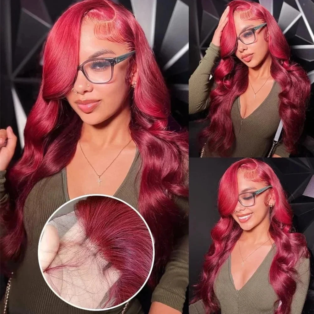 99J Burgundy 13X6 HD Transparent Lace Frontal Wigs 220% Density Remy Hair Straight Wig 46 Inch Pre Plucked With Baby Hair For Women