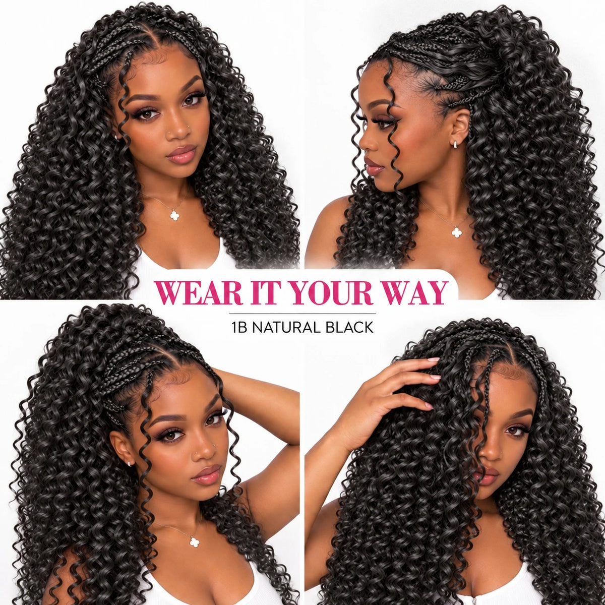 Natural Black Color Water Wave Deep Wave Feather Crochet Human Hair Extensions Miracle Knots Knotless Pre Separated Boho Braiding Hair Soft Natural Curls Lightweight Reusable Protective Style For Women