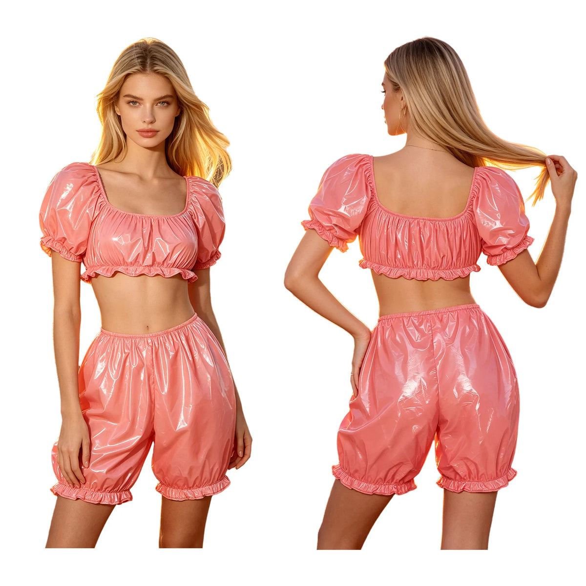 2 Piece Women Nursing Homewear Sets Waterproof Vinyl Ruffled Pajamas Set Short Puff Sleeve Crop Top and V-shaped Waist Bloomers