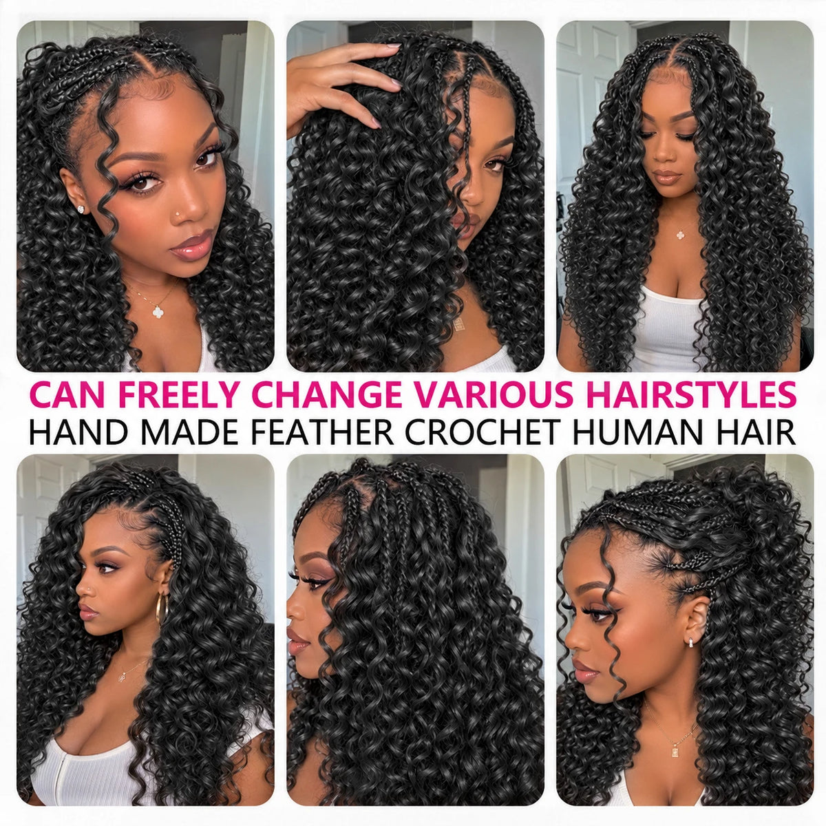 Deep Wave Crochet Human Hair Bundles Pre-Separated 100% Remy Boho Braids Feather Invisible Crochet Hair Extensions for Women