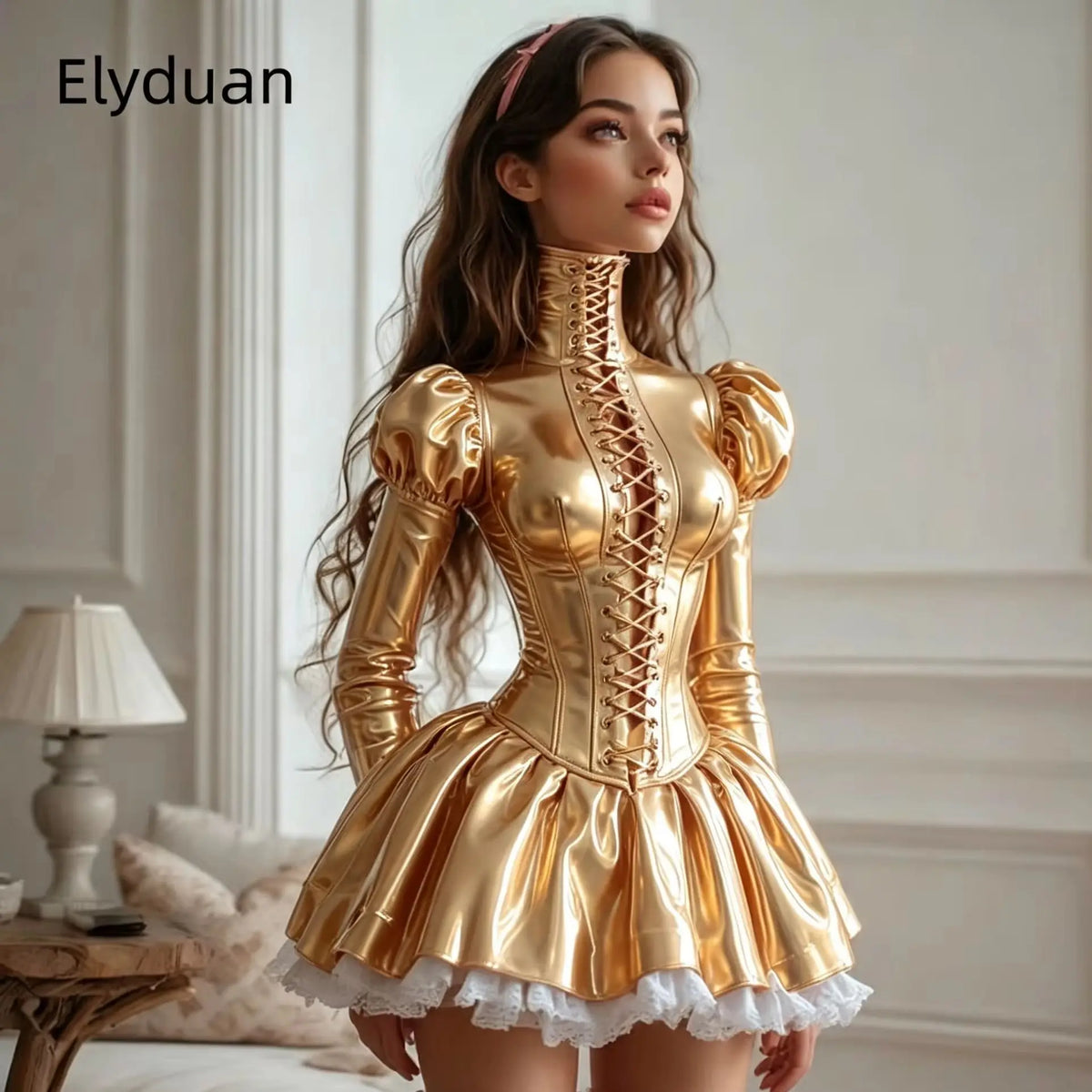 Black Glossy PVC Corset Mini Prom Dress High Neck Front Lace‑Up Puff Long Sleeve Cosplay Party Gown Masquerade Dress Customized