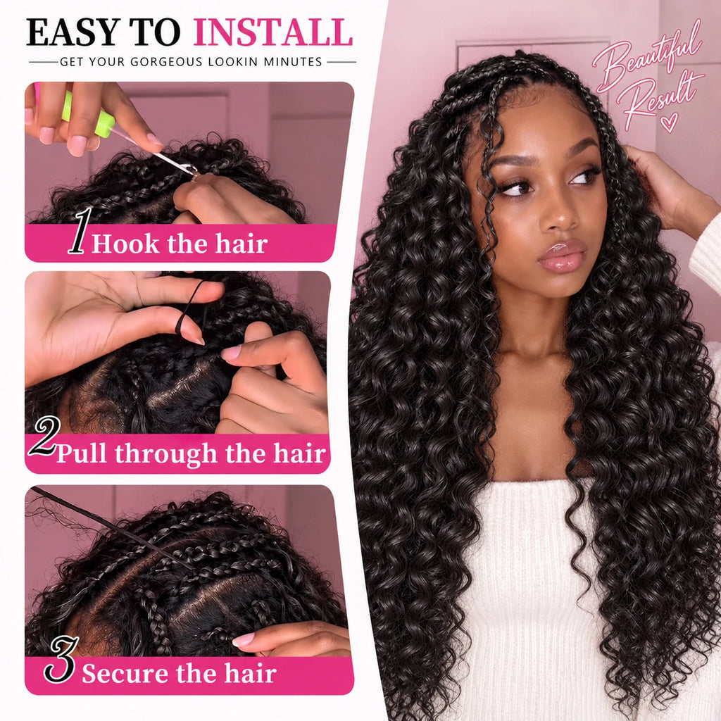 Natural Black Color Water Wave Deep Wave Feather Crochet Human Hair Extensions Miracle Knots Knotless Pre Separated Boho Braiding Hair Soft Natural Curls Lightweight Reusable Protective Style For Women