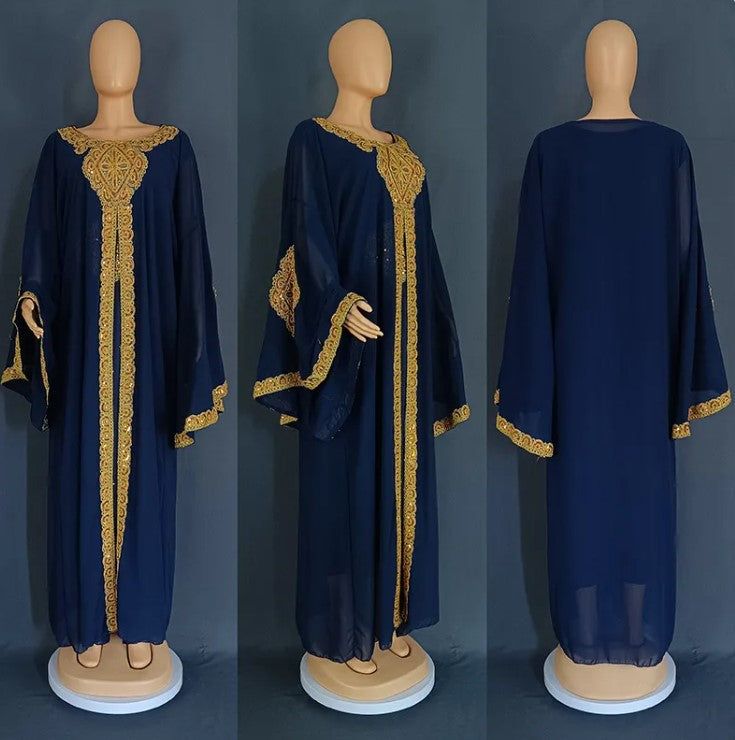 Gold Kaftan Dress Set with Scarf