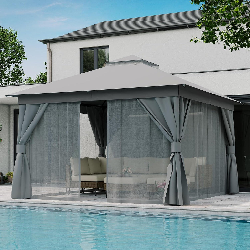 Gray 12x12 Outdoor Gazebo With Mosquito Netting Coverage