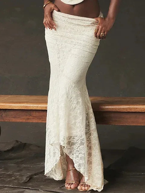 Lace Bandage 2 Piece-Set Long Skirt Female Patchwork Fashion Backless High Waist Elegant Lace-Up Maxi Skirt Sets Outfits