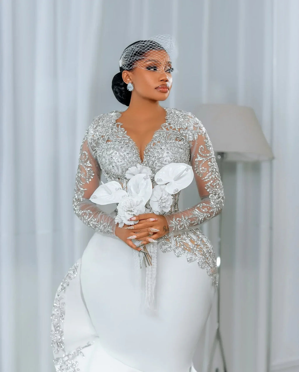 Customized African Long Sleeve Bride Dress Lace Beaded Mermaid