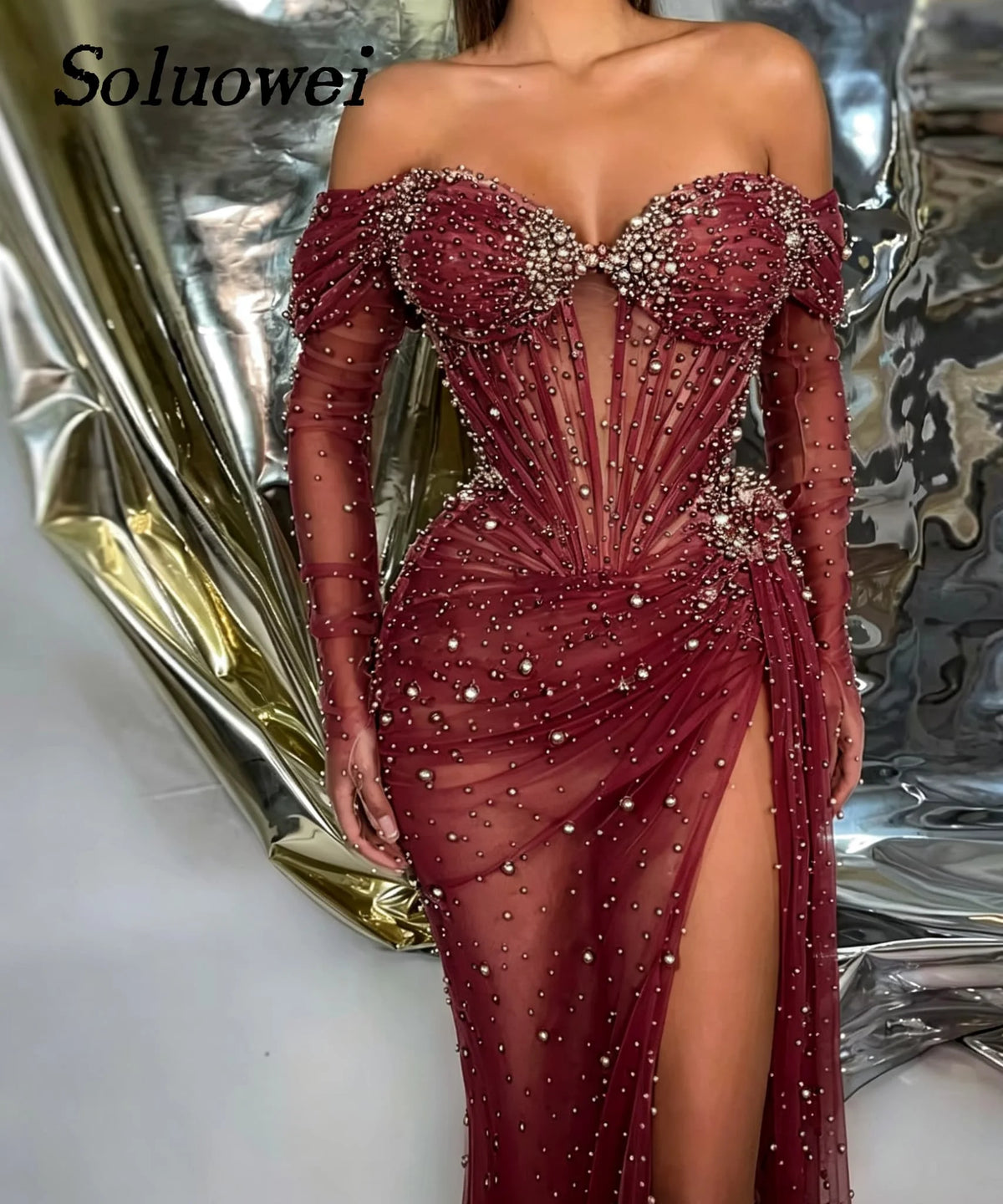 Luxurious Mermaid Evening Dresses Off The Shoulder Pearls Corset Front Slit Dubai Party Prom Gowns Vestidos De Noche Customized