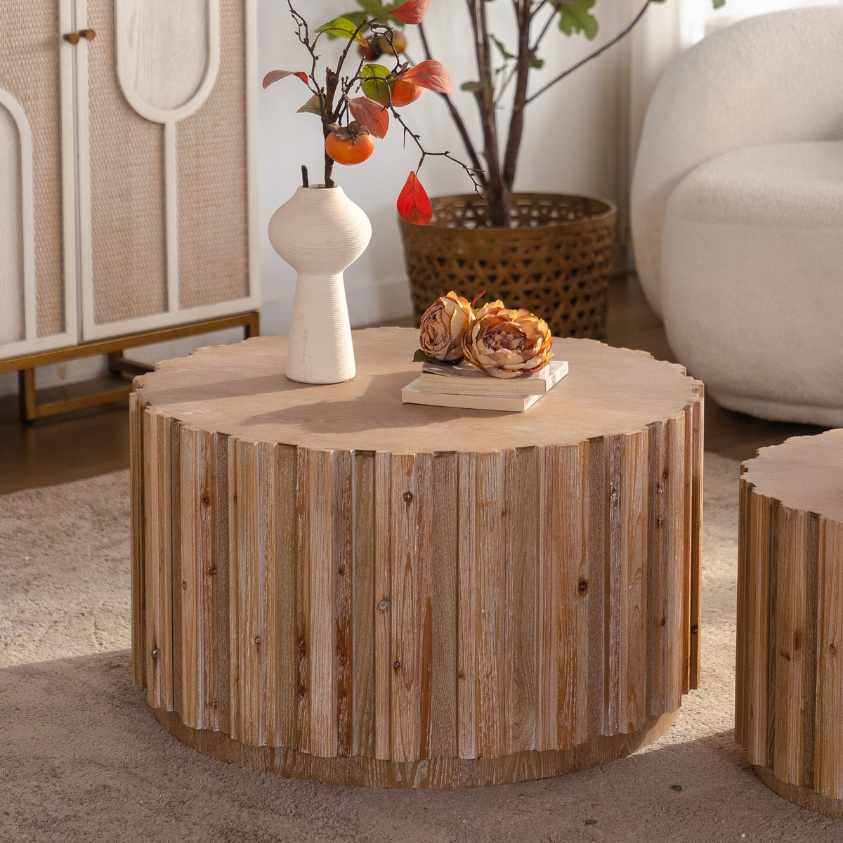 Round Nesting Coffee Tables with Slatted Bases and Wood Look Finish,