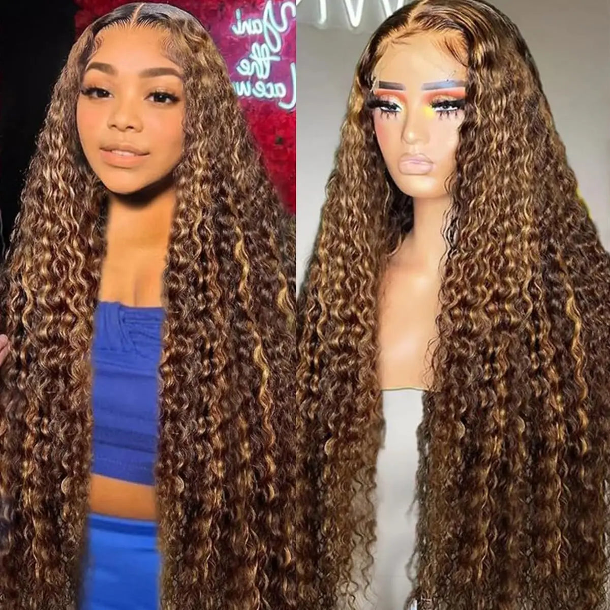 36 Inch Deep Wave P4/27 Highlight Ombre 13x6 13x4 HD Transparent Lace Front Wigs Curly Lace Frontal Wigs for Women Pre Plucked