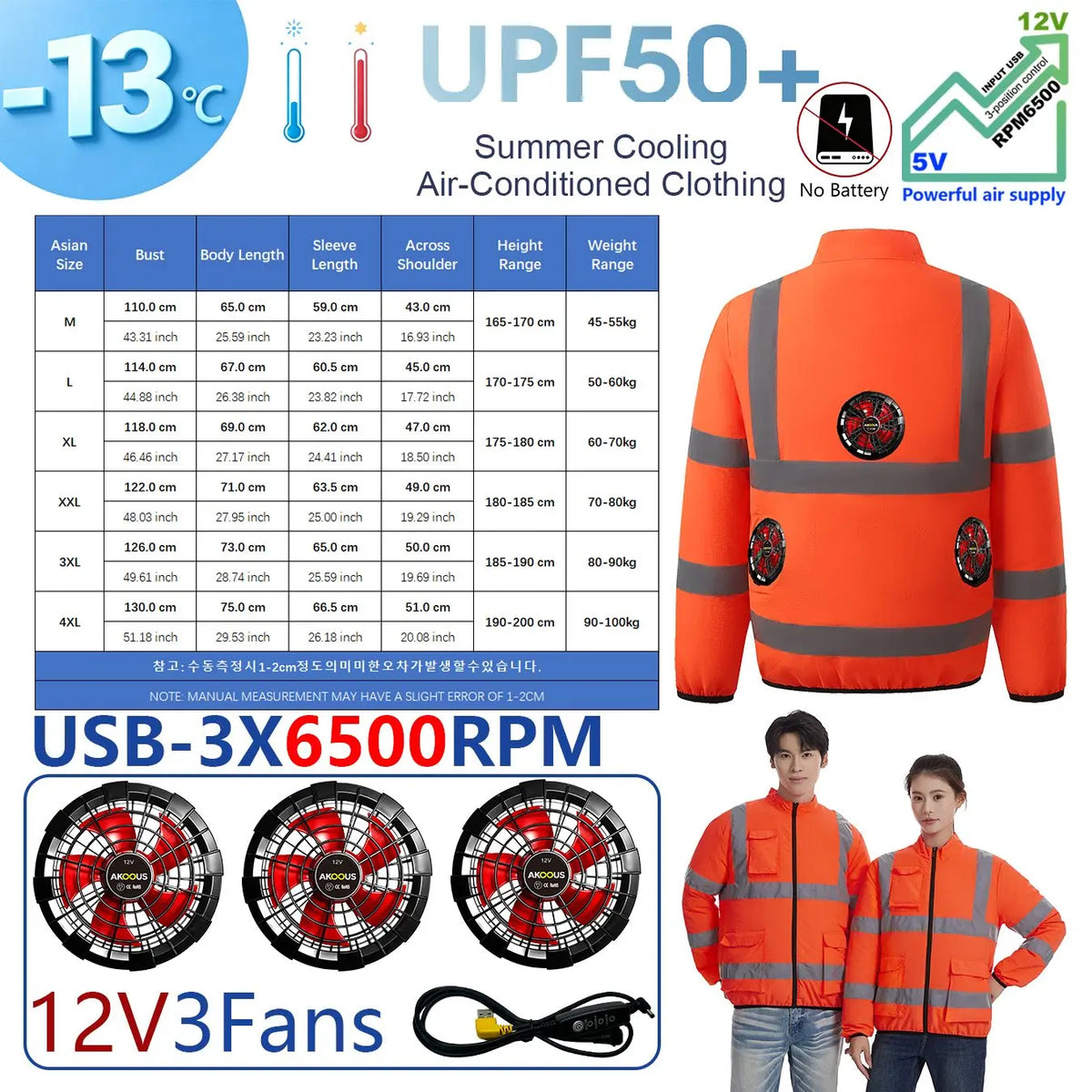 AKOOUS 6500 RPM 12V/5V USB 3-Fans Cooling Vest Air Conditioned Clothes Men Women Outdoor Work Fishing Body Cooling Jacket