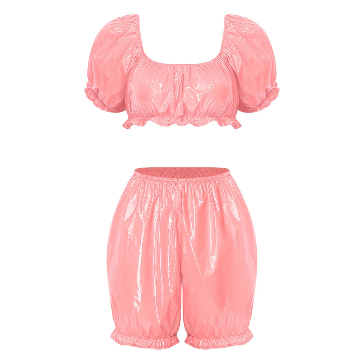 2 Piece Women Nursing Homewear Sets Waterproof Vinyl Ruffled Pajamas Set Short Puff Sleeve Crop Top and V-shaped Waist Bloomers