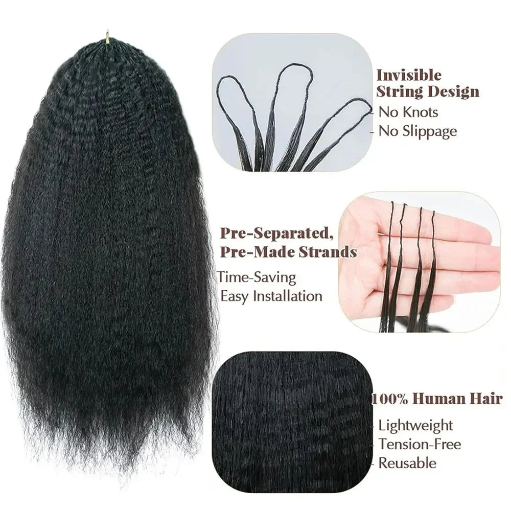 Knotless Kinky Straight Feather Crochet Human Hair Pre-Separated Pre-Looped Reusable Invisible Natural Black Hair for Women