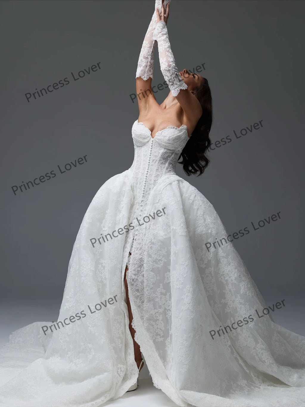 White Lace Wedding Dresses Front Slit Buttons Sweetheart Corset Bridal Gown with Gloves Exquisite robe de mariée Customized