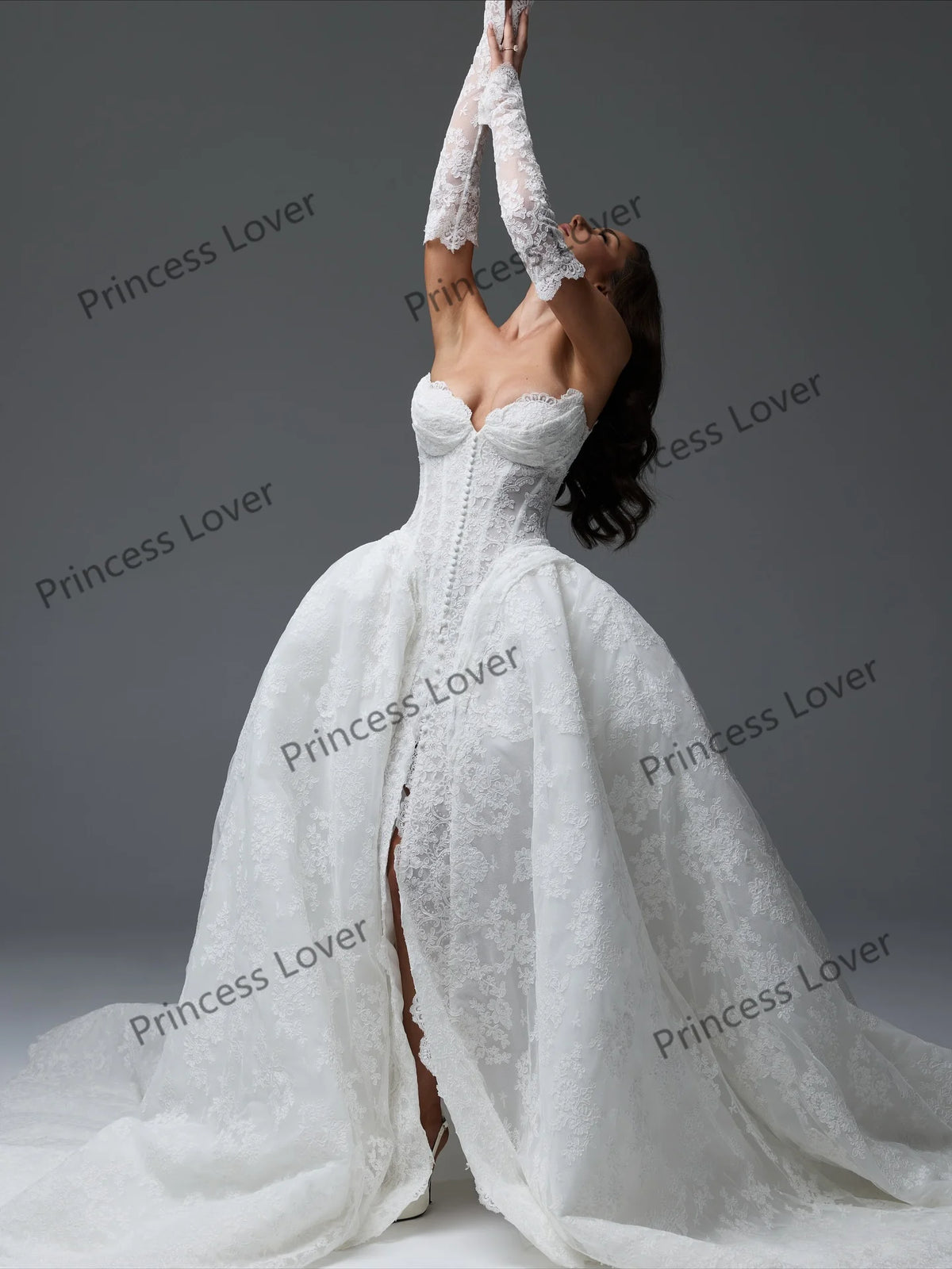 White Lace Wedding Dresses Front Slit Buttons Sweetheart Corset Bridal Gown with Gloves Exquisite robe de mariée Customized