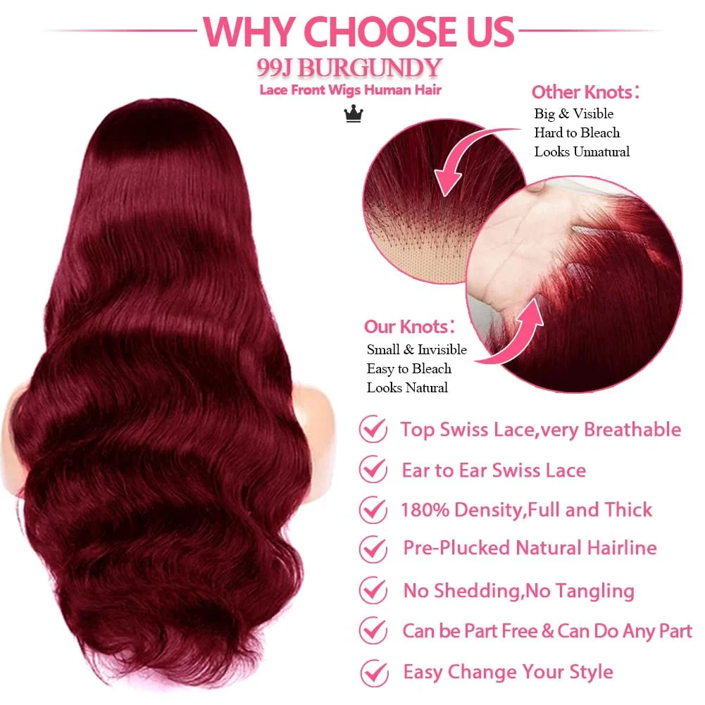 HD Transparent 99J Burgundy Body Wave Lace Front Wig Pre Plucked 13x4