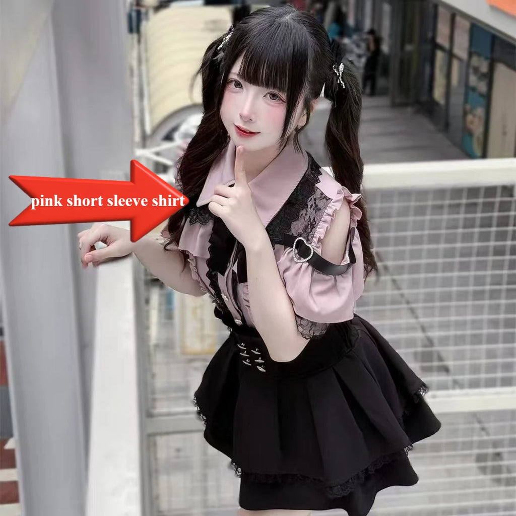 Dark Sweet Heart Ground Type Lolita Set, Ruffle Sleeve Top & A-line Skirt, Cute Kawaii Japanese Style Gothic Coord Outfit S-XL