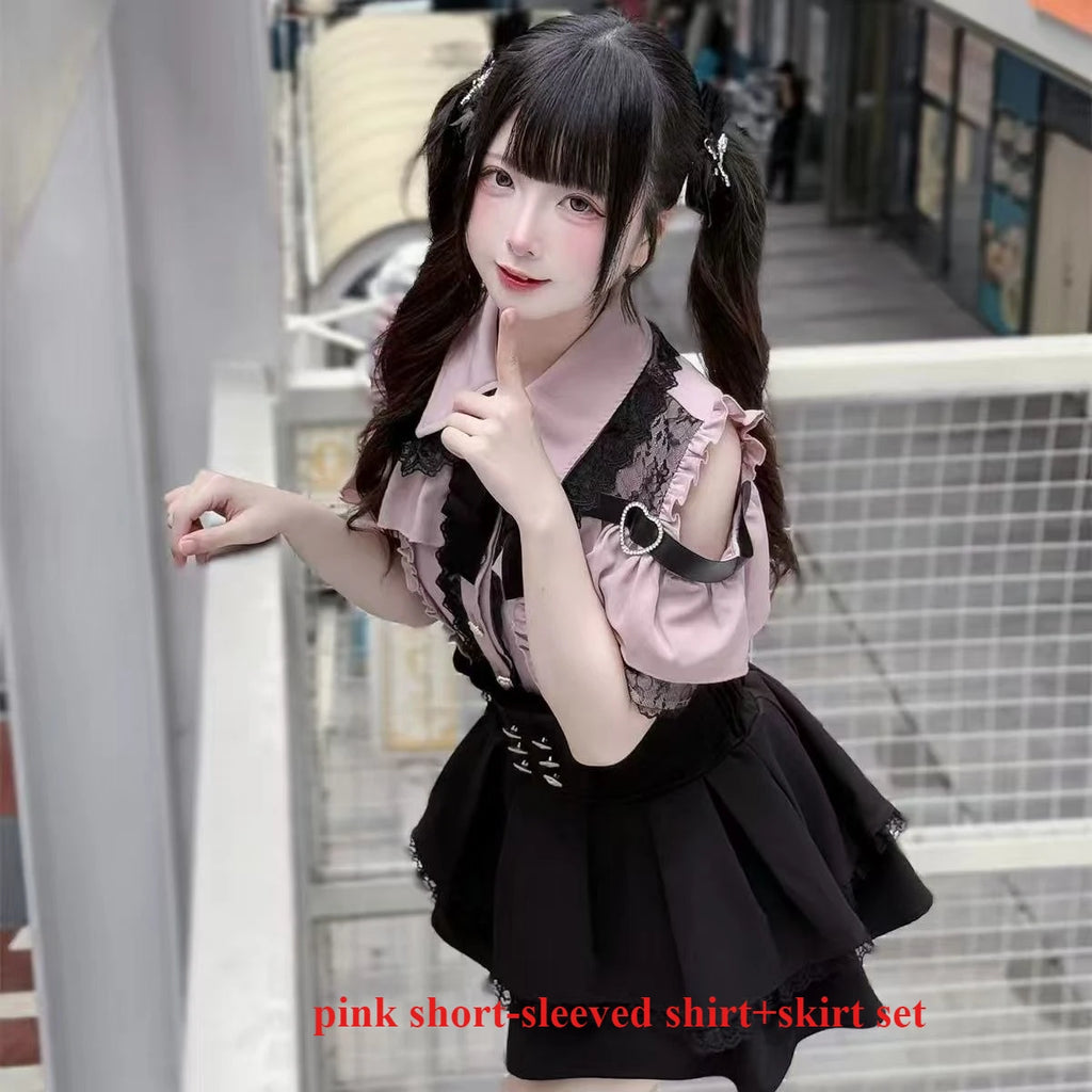 Dark Sweet Heart Ground Type Lolita Set, Ruffle Sleeve Top & A-line Skirt, Cute Kawaii Japanese Style Gothic Coord Outfit S-XL