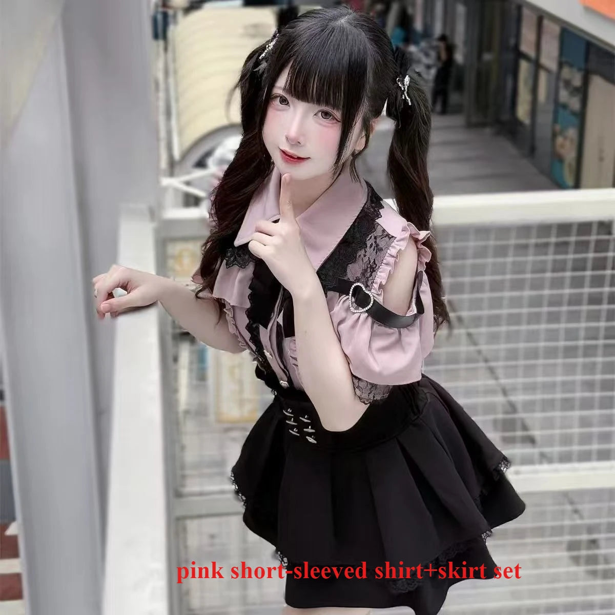 Dark Sweet Heart Ground Type Lolita Set, Ruffle Sleeve Top & A-line Skirt, Cute Kawaii Japanese Style Gothic Coord Outfit S-XL