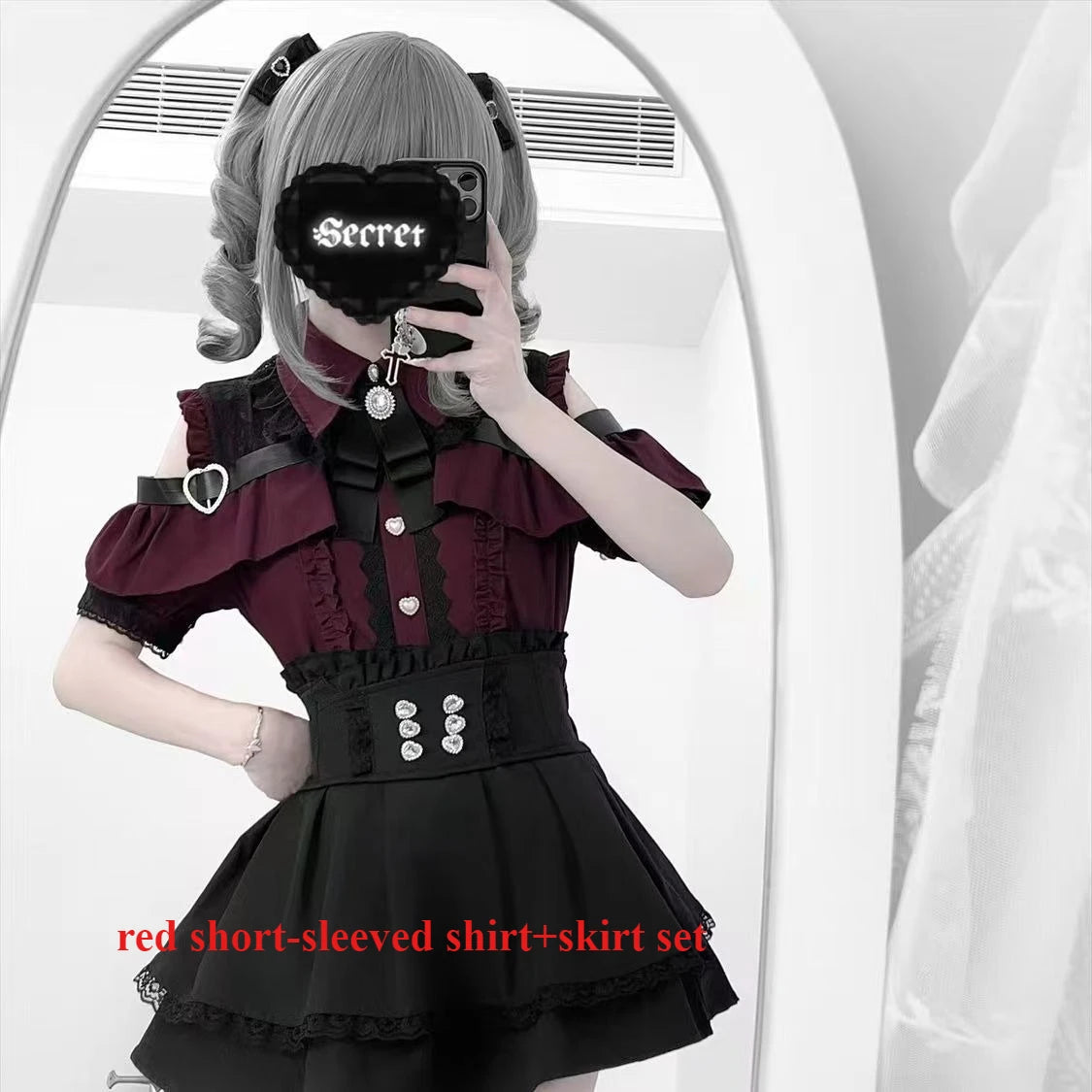 Dark Sweet Heart Ground Type Lolita Set, Ruffle Sleeve Top & A-line Skirt, Cute Kawaii Japanese Style Gothic Coord Outfit S-XL
