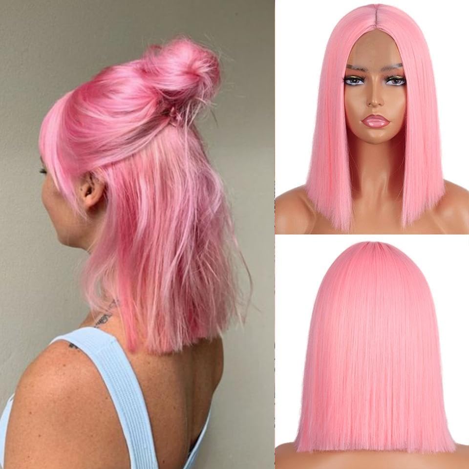XC CLOUDS Pink Bob Wigs Glueless Straight For Women Synthetic Heat