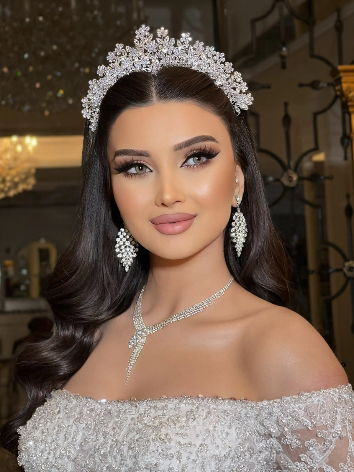 Luxury Off Shoulder Long Sleeve White Wedding Dress Lace Sparkling