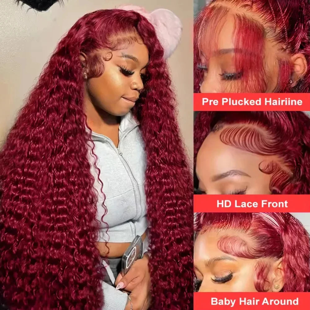 220% Density Deep Wave 99J Burgundy Remy Hair 40 46 Inch Human Wig