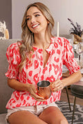 BiBi Leopard Smocked Short-Sleeve Blouse