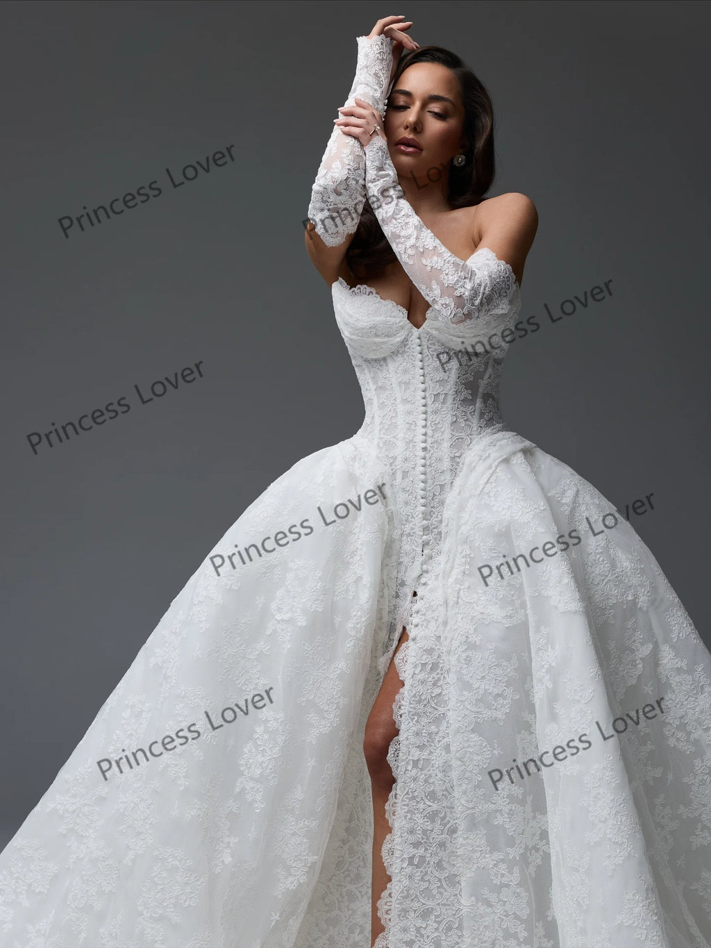 White Lace Wedding Dresses Front Slit Buttons Sweetheart Corset Bridal Gown with Gloves Exquisite robe de mariée Customized