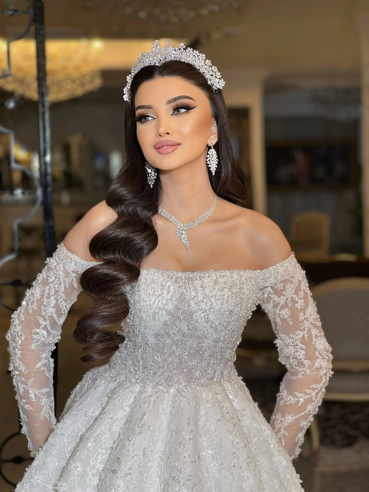 Luxury Off Shoulder Long Sleeve White Wedding Dress Lace Sparkling