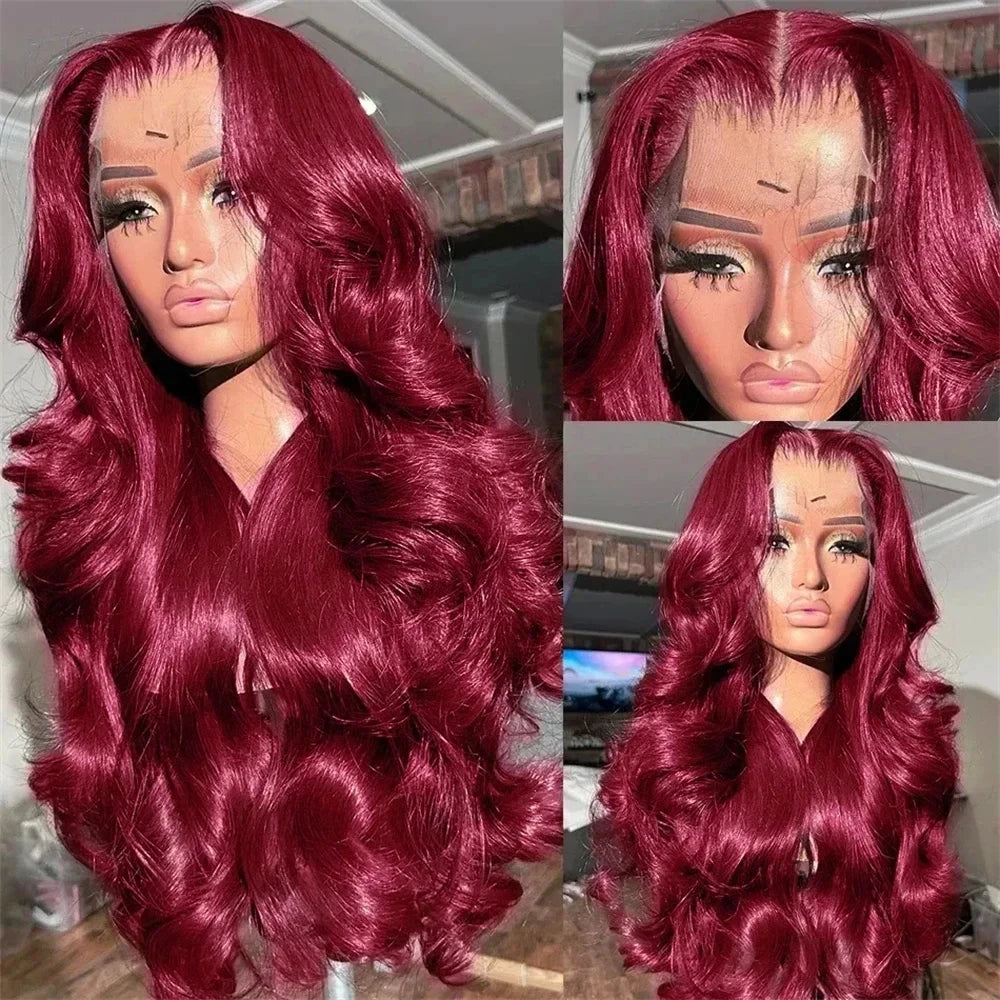 HD Transparent 99J Burgundy Body Wave Lace Front Wig Pre Plucked 13x4
