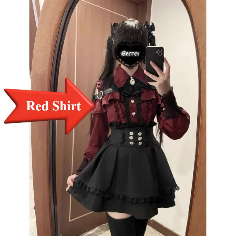 Dark Sweet Heart Ground Type Lolita Set, Ruffle Sleeve Top & A-line Skirt, Cute Kawaii Japanese Style Gothic Coord Outfit S-XL