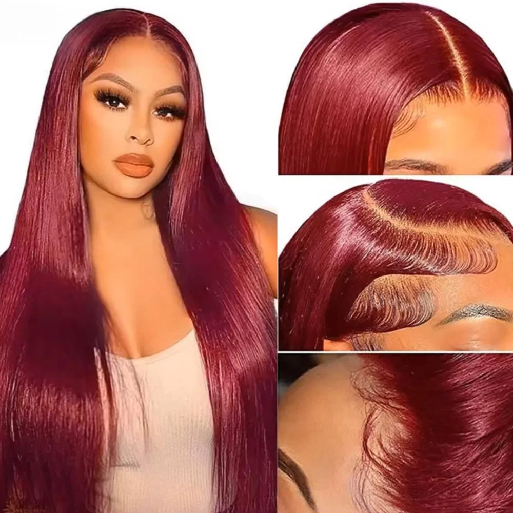 99J Burgundy Silky Straight Human Hair Lace Front Wig 46 Inch 13x6 Lace Frontal Wig 200 Density Pre Plucked Natural Hairline With Baby Hair Wigs For Women