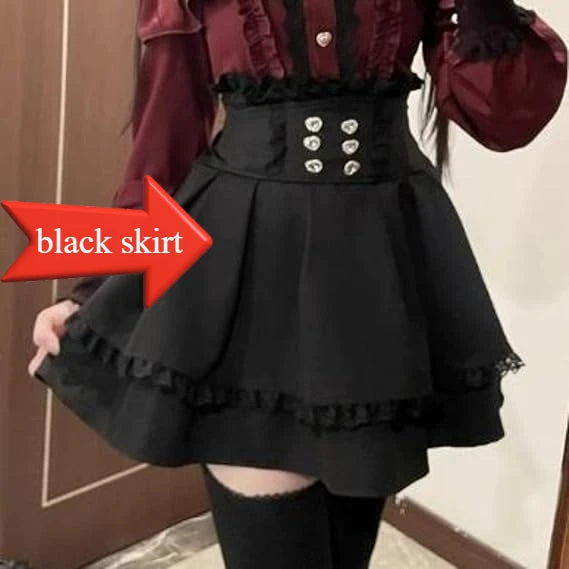 Dark Sweet Heart Ground Type Lolita Set, Ruffle Sleeve Top & A-line Skirt, Cute Kawaii Japanese Style Gothic Coord Outfit S-XL